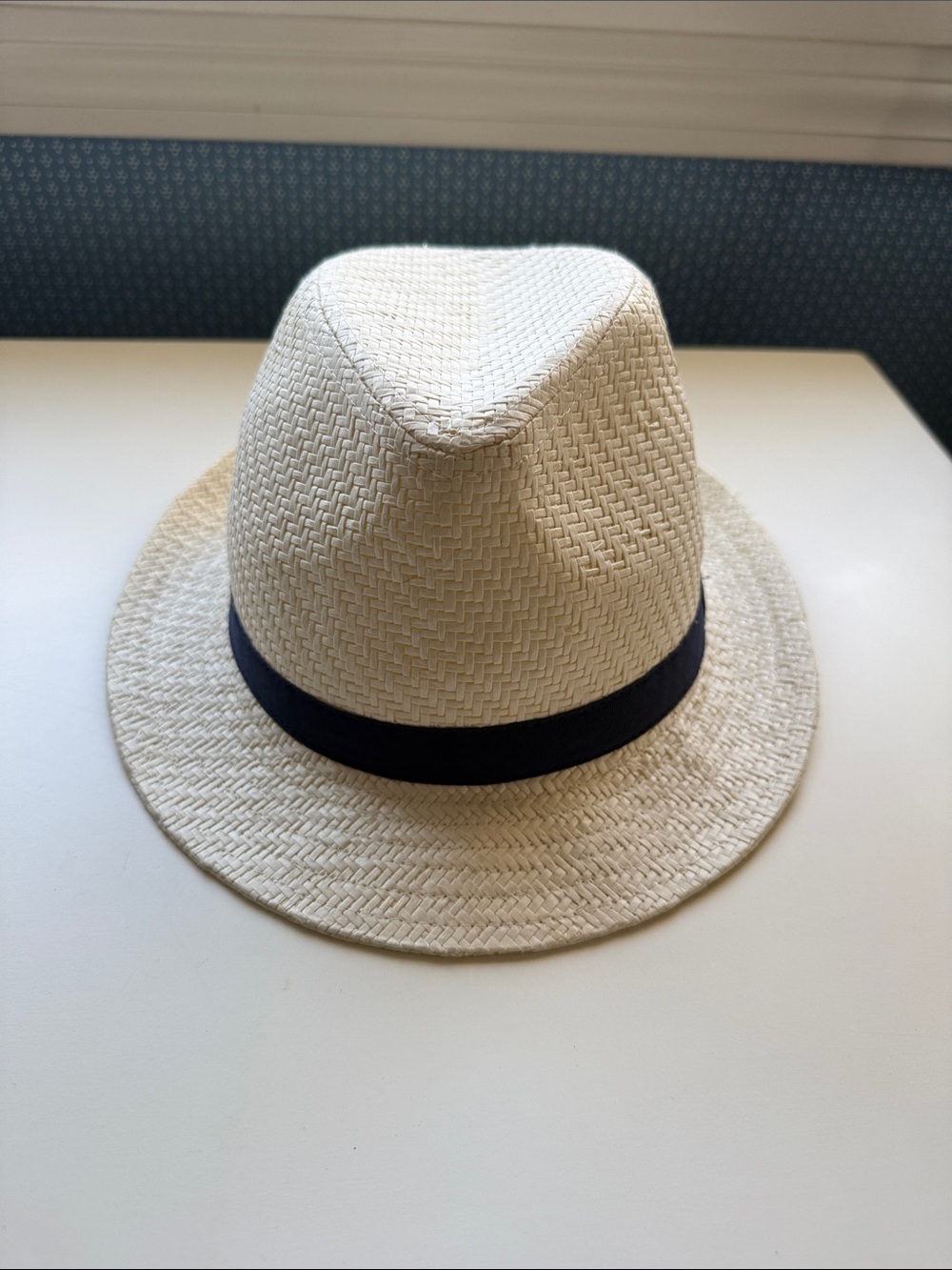 Janie and Jack Cream Straw Fedora with Navy Band